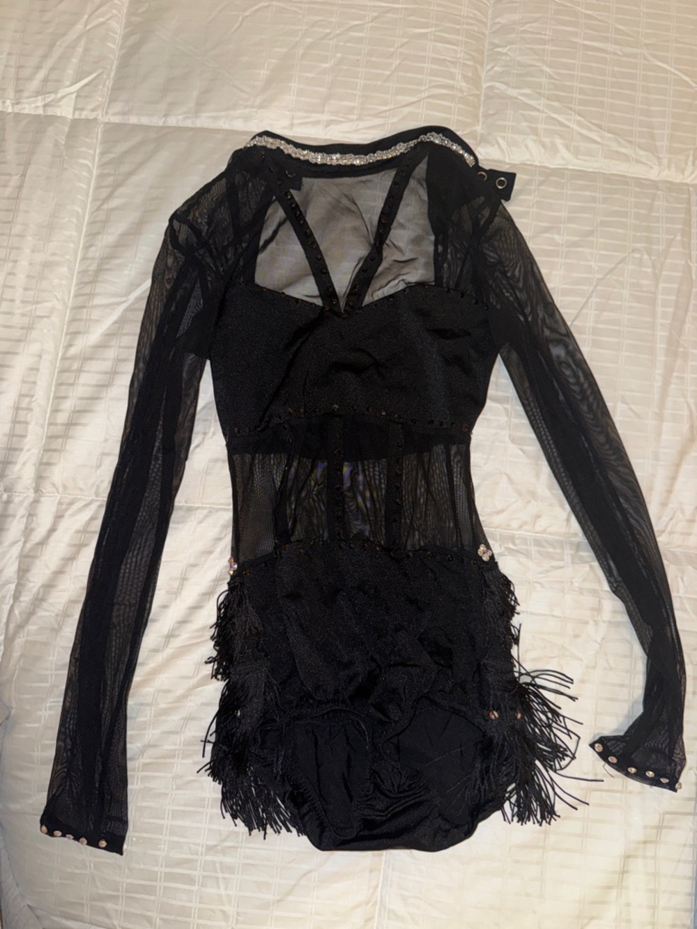 Black Mesh Fringe One-Piece Dance Costume with Rhinestones